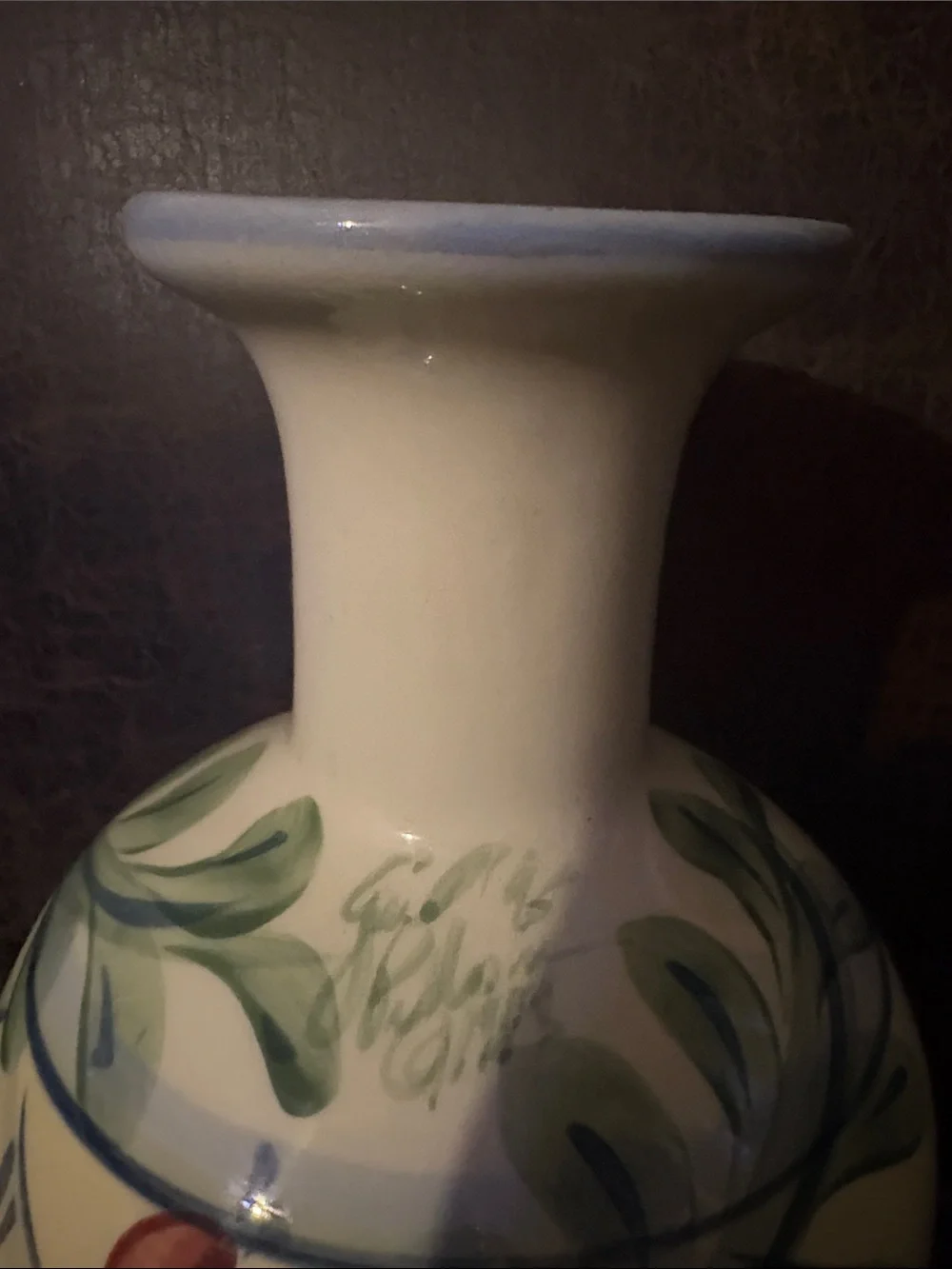 Gail Pittman Hand-Painted White Ceramic Floral Accent Vase with Blue Rim